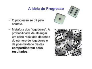 A Idéia do Progresso
• O progresso se dá pelo
contato.
• Metáfora dos “jogadores”. A
probabilidade de alcançar
um certo resultado depende
do número de jogadores e
da possibilidade destes
compartilharem seus
resultados.
 