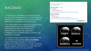 RACISMO
• O racismo é a tendência do pensamento,
ou do modo de pensar em que se dá grande
importância à existência de raças humanas
diferentes e superiores umas às outras.
• Na maior parte dos casos há a certeza que
alguns indivíduos e sua relação entre
características físicas hereditárias e
determinados traços de carácter e
inteligência ou manifestações culturais, são
superiores a outros.
• O racismo não é uma teoria científica, mas
um conjunto de opiniões pré concebidas
onde a principal função é valorizar as
diferenças biológicas entre os seres humanos,
em que alguns acreditam ser superiores aos
outros de acordo com a sua etnia.
http://pt.slideshare.net/marleneves/o-racismo-8293162?related=1
 