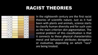 RACIST THEORIES
In the eighteenth century are the first racist
theories of scientific nature. Just as it had
been with plants and animals, science starts
to classify human diversity and for such uses
as the main criterion skin pigmentation. The
central problem of this classification is that
it connects to these physical characteristics
moral and behavioral attributes derogatory
or evaluative, depending on which "race"
are being treated.
 
