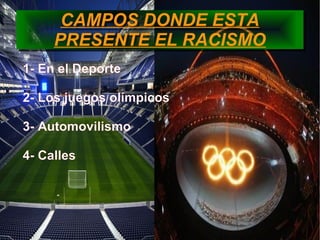 CAMPOS DONDE ESTA
PRESENTE EL RACISMO
CAMPOS DONDE ESTA
PRESENTE EL RACISMO
1- En el Deporte
2- Los juegos olímpicos
3- Automovilismo
4- Calles
 