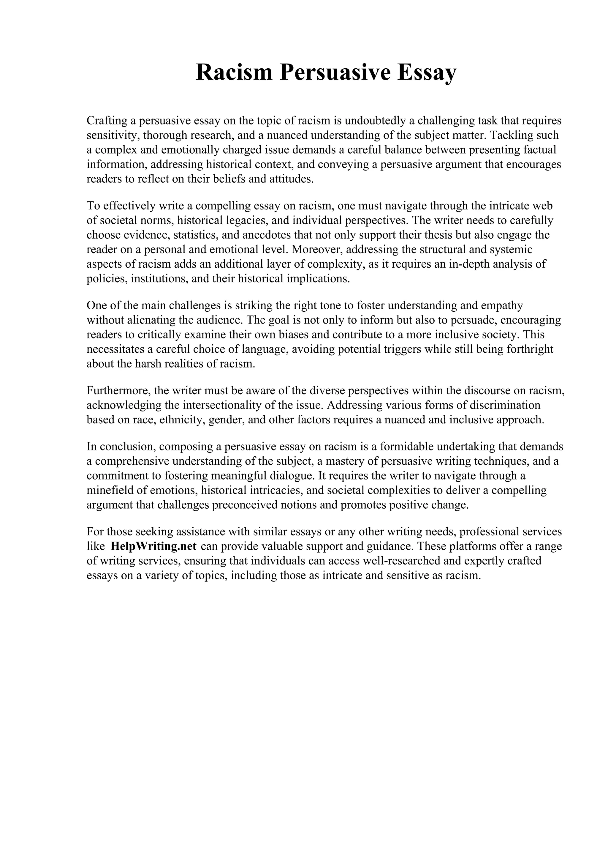 Racism Persuasive Essay. Fletcher Technical Community College | PDF