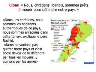 Liban « Nous, chrétiens libanais, sommes prêts 
à mourir pour défendre notre pays » 
«Nous, les chrétiens, nous 
sommes les habitants 
authentiques de ce pays, 
nous sommes enracinés dans 
cette terre», explique le père 
Rachid. 
«Nous ne voulons pas 
quitter notre pays et c'est 
notre devoir de le défendre 
par tous les moyens, y 
compris par les armes» 
 