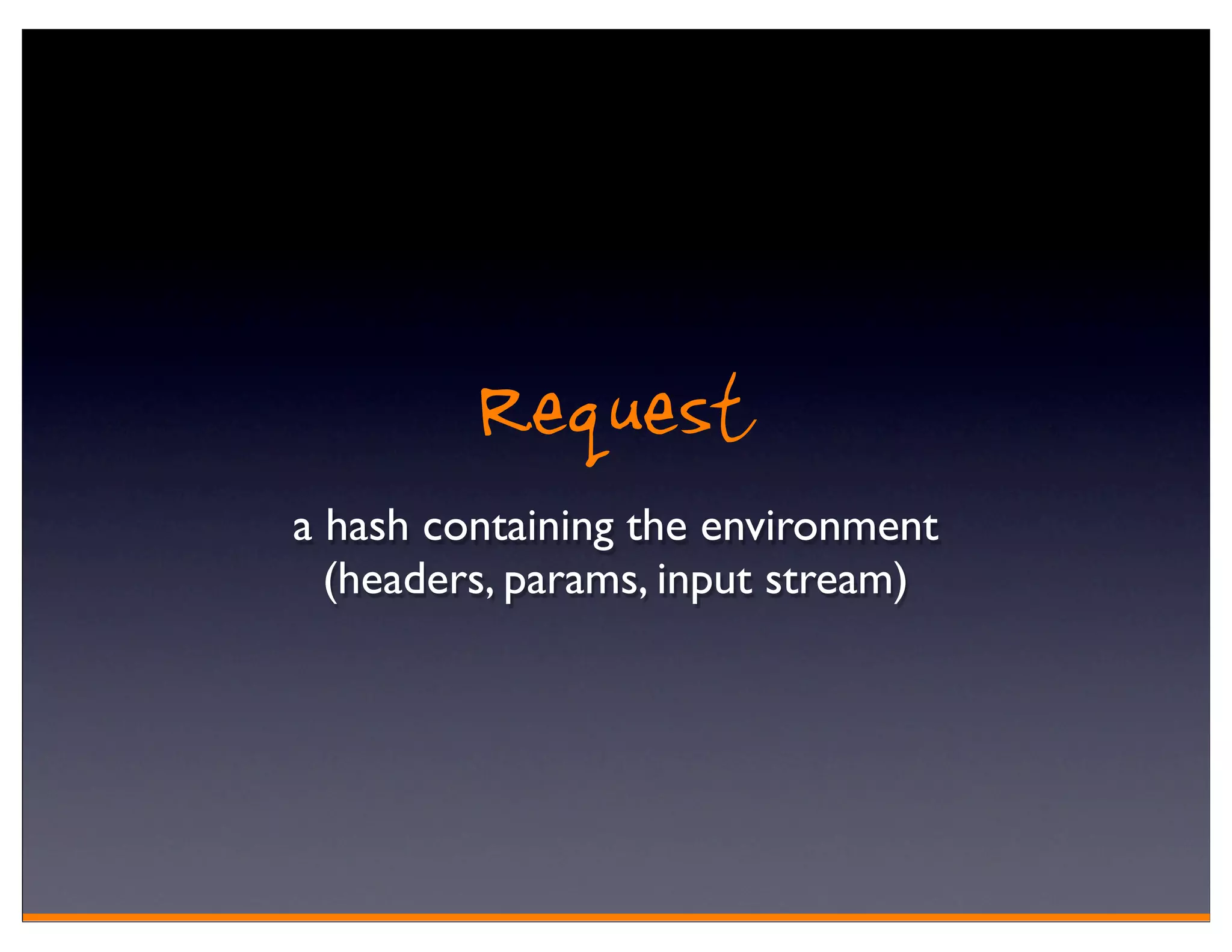 Request
a hash containing the environment
  (headers, params, input stream)
 