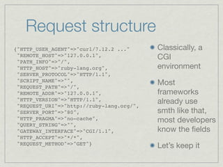 Request structure
{"HTTP_USER_AGENT"=>"curl/7.12.2 ..."      Classically, a
 "REMOTE_HOST"=>"127.0.0.1",               CGI
 "PATH_INFO"=>"/",
 "HTTP_HOST"=>"ruby-lang.org",             environment
 "SERVER_PROTOCOL"=>"HTTP/1.1",
 "SCRIPT_NAME"=>"",
 "REQUEST_PATH"=>"/",
                                           Most
 "REMOTE_ADDR"=>"127.0.0.1",               frameworks
 "HTTP_VERSION"=>"HTTP/1.1",
 "REQUEST_URI"=>"http://ruby-lang.org/",
                                           already use
 "SERVER_PORT"=>"80",                      smth like that,
 "HTTP_PRAGMA"=>"no-cache",                most developers
 "QUERY_STRING"=>"",
 "GATEWAY_INTERFACE"=>"CGI/1.1",           know the ﬁelds
 "HTTP_ACCEPT"=>"*/*",
 "REQUEST_METHOD"=>"GET"}
                                           Let’s keep it
 