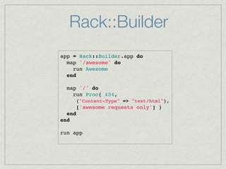 Rack::Builder
app = Rack::Builder.app do
  map '/awesome' do
    run Awesome
  end
  
  map '/' do
    run Proc{ 404,
        {"Content-Type" => "text/html"},
        ['awesome requests only'] }
  end
end

run app
 