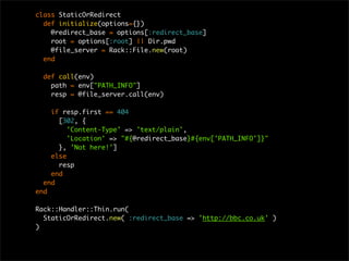 class StaticOrRedirect
def initialize(options={})
@redirect_base = options[:redirect_base]
root = options[:root] || Dir.pwd
@file_server = Rack::File.new(root)
end
def call(env)
path = env["PATH_INFO"]
resp = @file_server.call(env)
if resp.first == 404
[302, {
'Content-Type' => 'text/plain',
'Location' => "#{@redirect_base}#{env['PATH_INFO']}"
}, 'Not here!']
else
resp
end
end
end
Rack::Handler::Thin.run(
StaticOrRedirect.new( :redirect_base => 'http://bbc.co.uk' )
)
 