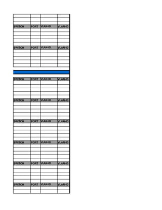 SWITCH   PORT VLAN-ID   VLAN-ID




SWITCH   PORT VLAN-ID   VLAN-ID




SWITCH   PORT VLAN-ID   VLAN-ID




SWITCH   PORT VLAN-ID   VLAN-ID




SWITCH   PORT VLAN-ID   VLAN-ID




SWITCH   PORT VLAN-ID   VLAN-ID




SWITCH   PORT VLAN-ID   VLAN-ID




SWITCH   PORT VLAN-ID   VLAN-ID
 
