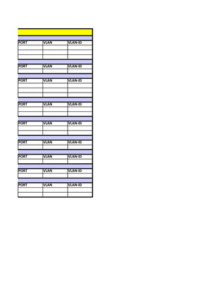 AILS
       PORT   VLAN   VLAN-ID




       PORT   VLAN   VLAN-ID


       PORT   VLAN   VLAN-ID




       PORT   VLAN   VLAN-ID



       PORT   VLAN   VLAN-ID



       PORT   VLAN   VLAN-ID


       PORT   VLAN   VLAN-ID


       PORT   VLAN   VLAN-ID


       PORT   VLAN   VLAN-ID
 
