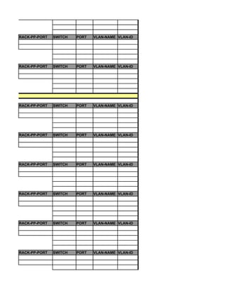 RACK-PP-PORT   SWITCH   PORT   VLAN-NAME VLAN-ID




RACK-PP-PORT   SWITCH   PORT   VLAN-NAME VLAN-ID




RACK-PP-PORT   SWITCH   PORT   VLAN-NAME VLAN-ID




RACK-PP-PORT   SWITCH   PORT   VLAN-NAME VLAN-ID




RACK-PP-PORT   SWITCH   PORT   VLAN-NAME VLAN-ID




RACK-PP-PORT   SWITCH   PORT   VLAN-NAME VLAN-ID




RACK-PP-PORT   SWITCH   PORT   VLAN-NAME VLAN-ID




RACK-PP-PORT   SWITCH   PORT   VLAN-NAME VLAN-ID
 