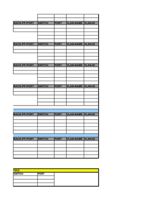 RACK-PP-PORT   SWITCH   PORT   VLAN-NAME VLAN-ID




        RACK-PP-PORT   SWITCH   PORT   VLAN-NAME VLAN-ID




        RACK-PP-PORT   SWITCH   PORT   VLAN-NAME VLAN-ID




        RACK-PP-PORT   SWITCH   PORT   VLAN-NAME VLAN-ID




        RACK-PP-PORT   SWITCH   PORT   VLAN-NAME VLAN-ID




        RACK-PP-PORT   SWITCH   PORT   VLAN-NAME VLAN-ID




UPLINK DETAILS
         SWITCH        PORT
 