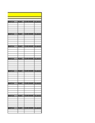 AILS

       SWITCH   PORT   VLAN-NAME VLAN-ID




       SWITCH   PORT   VLAN-NAME VLAN-ID




       SWITCH   PORT   VLAN-NAME VLAN-ID




       SWITCH   PORT   VLAN-NAME VLAN-ID




       SWITCH   PORT   VLAN-NAME VLAN-ID




       SWITCH   PORT   VLAN-NAME VLAN-ID




       SWITCH   PORT   VLAN-NAME VLAN-ID




       SWITCH   PORT   VLAN-NAME VLAN-ID
 