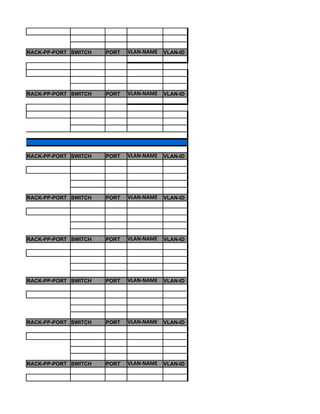 RACK-PP-PORT SWITCH   PORT   VLAN-NAME   VLAN-ID




RACK-PP-PORT SWITCH   PORT   VLAN-NAME   VLAN-ID




RACK-PP-PORT SWITCH   PORT   VLAN-NAME   VLAN-ID




RACK-PP-PORT SWITCH   PORT   VLAN-NAME   VLAN-ID




RACK-PP-PORT SWITCH   PORT   VLAN-NAME   VLAN-ID




RACK-PP-PORT SWITCH   PORT   VLAN-NAME   VLAN-ID




RACK-PP-PORT SWITCH   PORT   VLAN-NAME   VLAN-ID




RACK-PP-PORT SWITCH   PORT   VLAN-NAME   VLAN-ID
 