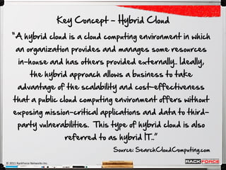 Key Concept – Hybrid Cloud
    “A hybrid cloud is a cloud computing environment in which
      an organization provides and manages some resources
        in-house and has others provided externally.. Ideally,
                 the hybrid approach allows a business to take
        advantage of the scalability and cost-effectiveness
     that a public cloud computing environment offers without
     exposing mission-critical applications and data to third-
        party vulnerabilities. This type of hybrid cloud is also
                                  referred to as hybrid IT..”
                                                Source: SearchCloudComputing.com

© 2011 RackForce Networks Inc.
 