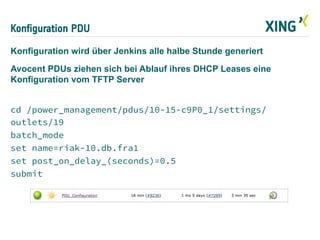Konfiguration PDU
Konfiguration wird über Jenkins alle halbe Stunde generiert
Avocent PDUs ziehen sich bei Ablauf ihres DH...