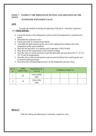 EXNO: 7 CONDUCT THE PROCESS OF SETTING AND ADJUSTING OF THE
GIVEN
AUTOMATIC EXPANSION VALVE
AIM:
To study the method of setting and adjusting of the given automatic expansion
valve PROCEDURE:
 Locate the points in the refrigeration system where the temperature is required to be
noted.
 Dismantle the expansion valve.
 Check and study its constructional details.
 Assemble the parts and put up the valve at the right position andnote down the
temperature at the room condition.
 Start the unit and allow it to operate until evaporator is fully frosted.
 Note down all the temperatures at this normal working.
 Turn the valve at various positions as per the data table and note down the T1, T2, T3,
T4, T5 and T6 temperatures.
 Turn the valve at the normal position and run unit for half an hour and bring the unit
to normal working pressure.
 Note down the corresponding pressures on the temperature pressure chart,
SL.N
O
TIME
(MINUTES)
POSITION OF
VALVE
TEMPERATURE(O
C)
1 10
Valve halflly
open
2 10
Valve fully
open
RESULT
Thus the setting and adjusting of a automatic expansion valve.
 