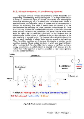 31.6. All year (complete) air conditioning systems:
Figure 30.6 shows a complete air conditioning system that can be used
for providing air conditioning throughout the year, i.e., during summer as well
as winter. As shown in the figure, the system consists of a filter, a heating coil,
a cooling & dehumidifying coil, a re-heating coil, a humidifier and a blower. In
addition to these, actual systems consist of several other accessories such as
dampers for controlling flow rates of re-circulated and outdoor (OD) air,
control systems for controlling the space conditions, safety devices etc. Large
air conditioning systems use blowers in the return air stream also. Generally,
during summer the heating and humidifying coils remain inactive, while during
winter the cooling and dehumidifying coil remains inactive. However, in some
applications for precise control of conditions in the conditioned space all the
coils may have to be made active. The blowers will remain active throughout
the year, as air has to be circulated during summer as well as during winter.
When the outdoor conditions are favourable, it is possible to maintain comfort
conditions by using filtered outdoor air alone, in which case only the blowers
will be running and all the coils will be inactive leading to significant savings in
energy consumption. A control system is required which changes-over the
system from winter operation to summer operation or vice versa depending
upon the outdoor conditions.
Conditioned
space
F
H
RH
Heating
CC Hu
B
Return air
OD air
Supply air
Exhaust
Recirculated
air
Cooling/
load
F: Filter; ; CC: Cooling & dehumidifying coil
; Hu: Humidifier; B: Blower
Fig.31.6: An all year air conditioning system
H: Heating coil
RH: Re-heating coil
Version 1 ME, IIT Kharagpur 13
 