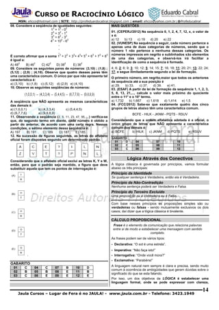 CURSO DE RACIOCÍNIO LÓGICO
MSN: ehcco@hotmail.com | SITE: http://profeduardocabral.blogspot.com | email: ehcco@yahoo.com.br | @Profeducabral

08. Considere a seqüência de igualdades seguintes:
3
2
2
1 =1 -0
3
2
2
2 =3 -1
3
2
2
3 =6 -3
3
2
2
4 = 10 - 6
.
.
.
3
3
3
3
3
3
3
3
É correto afirmar que a soma 1 + 2 + 3 + 4 + 5 + 6 + 7 + 8
é igual a:
2
2
2
2
2
A) 48
B) 46
C) 42
D) 38
E) 36
09. Considere os seguintes pares de números: (3,10) ; (1,8) ;
(5,12) ; (2,9) ; (4,10). Observe que quatro desses pares têm
uma característica comum. O único par que não apresenta tal
característica é:
a) (3,10) b) (1,8) c) (5,12) d) (2,9) e) (4,10)
10. Observe as seguintes seqüências de números:

A seqüência que NÃO apresenta as mesmas características
das demais é:
a) (1,0,0,1)
b) (4,3,3,4)
c) (5,4,4,5)
d) (6,7,7,6)
e) (9,8,8,9)
11. Observando a seqüência (2, 5, 11, 23, 47, 95, ...) verifica-se
que, do segundo termo em diante, cada número é obtido a
partir do anterior, de acordo com uma certa regra. Nessas
condições, o sétimo elemento dessa seqüência é:
A) 197
B) 191
C) 189
D) 187
E) 185
12. Na sucessão de figuras seguintes, as letras do alfabeto
oficial foram dispostas segundo um determinado padrão.

Considerando que o alfabeto oficial exclui as letras K, Y e W,
então, para que o padrão seja mantido, a figura que deve
substituir aquela que tem os pontos de interrogação é:

MAIS QUESTÕES
01. (CEPERJ/2012) Na sequência 0, 1, 2, 4, 7, 12, x, o valor de
x é:
a) 12
b) 13
c) 19
d) 20
e) 22
02. (VUNESP) Na sequência a seguir, cada número pertence a
apenas uma de duas categorias de números, sendo que o
número 1 não pertence a nenhuma dessas categorias. Os
números impressos em negrito e sublinhados são elementos
de uma das categorias, e observá-los irá facilitar a
identificação de como a sequência é formada.
4; 6; 2; 8; 9; 3; 10; 12; 5; 14; 15; 7; 16; 18; 11; 20; 21; 13; 22; 24;
17; e segue ilimitadamente segundo a lei de formação.
O primeiro número, em negrito,maior que todos os anteriores
da sequência até a sua posição é
a) 29.
b) 33.
c) 37.
d) 39.
e) 41.
03. (ESAF) A partir da lei de formação da sequência 1, 1, 2, 3,
5, 8, 13, 21,..., calcule o valor mais próximo do quociente
entre o 11° e o 10° termo.
a) 1,732
b) 1,667
c) 1,618
d) 1,414
e) 1,5
04. (FCC/2012) Sabe-se que exatamente quatro dos cinco
grupos de letras abaixo têm uma característica comum.
BCFE - HILK - JKNM - PQTS - RSUV
Considerando que a ordem alfabética adotada é a oficial, o
único grupo de letras que NÃO apresenta a característica
comum dos demais é:
a) BCFE
b) HILK
c) JKNM
d) PQTS
e) RSUV
GABARITO
01
D
02
C
03
C

04
05
06

07
08
09

10
11
12

Lógica Através dos Conectivos
A lógica clássica é governada por princípios, vamos formular
abaixo os três principais:

Princípio da Identidade
Se qualquer sentença é Verdadeira, então ela é Verdadeira.

Princípio da Não-Contradição
Nenhuma sentença poderá ser Verdadeira e Falsa.

Princípio do Terceiro Excluído
Uma proposição ou é Verdadeira ou é Falsa.
Com base nesses princípios as proposições simples são ou
verdadeiras ou falsas - sendo mutuamente exclusivos os dois
casos; daí dizer que a lógica clássica é bivalente.

CÁLCULO PROPOSICIONAL
Frase é o elemento de comunicação que relaciona palavras
entre si de modo a estabelecer uma mensagem com sentido
completo.
As frases podem ser de vários tipos:
- Declarativa: “O sol é uma estrela”.
- Imperativa: “Não faça isto!”
- Interrogativa: “Onde você mora?”
- Exclamativa: “Parabéns!”

GABARITO
01
02
03

C
B
C

04
05
06

C
B
E

07
08
09

B
E
E

10
11
12

D
B
E

A linguagem natural nem sempre é clara e precisa, sendo muito
comum à ocorrência de ambigüidades que geram dúvidas sobre o
significado do que se esta falando.
Por isso, um dos objetivos da LÓGICA é estabelecer uma
linguagem formal, onde se pode expressar com clareza,

Jaula Cursos – Lugar de Fera é no JAULA! - www.jaula.com.br - Telefone: 3423.1949

14

 