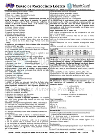 CURSO DE RACIOCÍNIO LÓGICO
MSN: ehcco@hotmail.com | SITE: http://profeduardocabral.blogspot.com | email: ehcco@yahoo.com.br | @Profeducabral

b) Bernardo é barrigudo ou César é careca
c) César é careca e Maria é magra
d) Maria não é magra e Bernardo é barrigudo
e) Lúcia é linda e César é careca
07. (ESAF) Se André é culpado, então Bruno é inocente. Se
André é inocente, então Bruno é culpado. Se André é
culpado, Leo é inocente. Se André é inocente, então Leo é
culpado. Se Bruno é inocente, então Leo é culpado. Logo,
André, Bruno e Leo são, respectivamente:
a) Culpado, culpado, culpado.
b) Inocente, culpado, culpado.
c) Inocente, culpado, inocente.
d) Inocente, inocente, culpado.
e) Culpado, culpado, inocente.
08. Considere as afirmações:
I - se Patrícia é uma boa amiga, Vítor diz a verdade;
II - se Vítor diz a verdade, Helena não é uma boa amiga;
III - se Helena não é uma boa amiga, Patrícia é uma boa
amiga.
A análise do encadeamento lógico dessas três afirmações
permite concluir que elas:
a) implicam necessariamente que Patrícia é uma boa amiga
b) são consistentes entre si, quer Patrícia seja uma boa amiga,
quer Patrícia não seja uma boa amiga
c) implicam necessariamente que Vítor diz a verdade e que
Helena não é uma boa amiga
d) são equivalentes a dizer que Patrícia é uma boa amiga
09. Surfo ou estudo. Fumo ou não surfo. Velejo ou não
estudo. Ora, não velejo. Assim:
a) estudo e fumo.
b) não fumo e surfo.
c) não velejo e não fumo.
d) estudo e não fumo.
e) fumo e surfo.
10. (ESAF) Se Nestor disse a verdade, Júlia e Raul mentiram.
Se Raul mentiu, Lauro falou a verdade. Se Lauro falou a
verdade, há um leão feroz nesta sala. Ora, não há um leão
feroz nesta sala. Logo:
a) Nestor e Júlia disseram a verdade
b) Nestor e Lauro mentiram
c) Raul e Lauro mentiram
d) Raul mentiu ou Lauro disse a verdade
e) Raul e Júlia mentiram
11. (ESAF) Se Pedro não bebe, ele visita Ana. Se Pedro bebe,
ele lê poesias. Se Pedro não visita Ana, ele não lê poesias. Se
Pedro lê poesias, ele não visita Ana. Segue-se, portanto que,
Pedro:
a) bebe, visita Ana, não lê poesias.
b) não bebe, visita Ana, não lê poesias.
c) bebe, não visita Ana, lê poesias.
d) não bebe, não visita Ana, não lê poesias.
e) não bebe, não visita Ana, lê poesias.
12. (ESAF) Considere o seguinte argumento: “Se Soninha
sorri, Sílvia é miss simpatia. Ora, Soninha não sorri. Logo, Sílvia
não é miss simpatia”.
Este não é um argumento logicamente válido, uma vez que:
a) a conclusão não é decorrência necessária das premissas.
b) a segunda premissa não é decorrência lógica da primeira.
c) a primeira premissa pode ser falsa, embora a segunda possa
ser verdadeira.
d) a segunda premissa pode ser falsa, embora a primeira possa
ser verdadeira.
e) o argumento só é válido se Soninha na realidade não sorri.
13. (FCC) Considere que as seguintes premissas são
verdadeiras:
I. Se um homem é prudente, então ele é competente.
II. Se um homem não é prudente, então ele é ignorante.
III. Se um homem é ignorante, então ele não tem esperanças.
IV. Se um homem é competente, então ele não é violento.
Para que se obtenha um argumento válido, é correto concluir
que se um homem:

a) não é violento, então ele é prudente.
b) não é competente, então ele é violento.
c) é violento, então ele não tem esperanças.
d) não é prudente, então ele é violento.
e) não é violento, então ele não é competente.
14. (FESMIP-BA) Se eu brigo com minha namorada, então ela
vai ao cinema. Se minha namorada vai ao cinema, então sua
irmã fica em casa. Se a irmã da minha namorada fica em
casa, então seu namorado briga com ela. É verdade que o
namorado da irmã da minha namorada, não brigou com a
irmã da minha namorada.
Logo, é verdade o que se afirma em
a) A irmã da minha namorada não fica em casa e eu não brigo
com minha namorada.
b) A irmã da minha namorada não fica em casa e minha
namorada vai ao cinema.
c) A irmã da minha namorada fica em casa e minha namorada vai
ao cinema.
d) Minha namorada não vai ao cinema e eu brigo com a irmã
dela.
e) Minha namorada não vai ao cinema e eu brigo com ela.
GABARITO
01
02
03

A
A
E

04
05
06

A
E
A

07
08
09

B
B
E

10
11
12

B
B
A

13
14
15

A

DESAFIO
 Quando não vejo Carlos, não passeio ou fico deprimida.
Quando chove, não passeio e fico deprimida. Quando não faz
calor e passeio, não vejo Carlos. Quando não chove e estou
deprimida, não passeio. Hoje, passeio. Portanto, hoje:
a) vejo Carlos, e não estou deprimida, e chove, e faz calor.
b) não vejo Carlos, e estou deprimida, e não chove, e não faz
calor.
c) não vejo Carlos, e estou deprimida, e chove, e faz calor.
d) vejo Carlos, e não estou deprimida, e não chove, e faz calor.
e) vejo Carlos, e estou deprimida, e não chove, e faz calor.

PROBLEMAS COMENTADOS
01. Chama-se de Proposição toda oração declarativa que pode
ser classificada de Verdadeira ou Falsa.
Verifique as
situações abaixo:
I. A lua é quadrada.
II. 12 = 3 + 8
III. 3X + 2 = 5
IV. 3 – 1
V. A prova teve 10 questões de Matemática.
VI. Qual é o seu nome?
São Proposições:
a) Nenhuma alternativa
b) I, III e VI
c) I, II e V
d) II, III e IV
e) Todas as alternativas.
RESOLUÇÃO
Toda Proposição apresenta três características obrigatórias:
1ª Sendo oração, tem sujeito e predicado.
2ª É declarativa (não é exclamativa, nem interrogativa),
conseguimos fazer juízo de V ou F.
3ª Tem um, e somente um, dos dois valores lógicos: ou é
verdadeira (V) ou é falsa (F).
Sendo assim:
O item III não é proposição pois pode ser V ou F dependendo de
X.
O item IV não é proposição pois falta o ‘predicado’.

Jaula Cursos – Lugar de Fera é no JAULA! - www.jaula.com.br - Telefone: 3423.1949

17

 