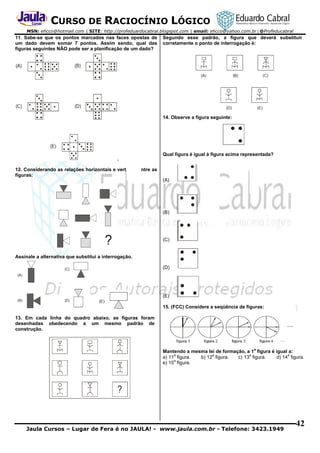 CURSO DE RACIOCÍNIO LÓGICO
MSN: ehcco@hotmail.com | SITE: http://profeduardocabral.blogspot.com | email: ehcco@yahoo.com.br | @Profeducabral

11. Sabe-se que os pontos marcados nas faces opostas de
um dado devem somar 7 pontos. Assim sendo, qual das
figuras seguintes NÃO pode ser a planificação de um dado?

Segundo esse padrão, a figura que deverá substituir
corretamente o ponto de interrogação é:

14. Observe a figura seguinte:

Qual figura é igual à figura acima representada?
12. Considerando as relações horizontais e verticais entre as
figuras:
(A)

(B)

(C)

Assinale a alternativa que substitui a interrogação.
(D)

(E)
15. (FCC) Considere a seqüência de figuras:
13. Em cada linha do quadro abaixo, as figuras foram
desenhadas obedecendo a um mesmo padrão de
construção.

a

Mantendo a mesma lei de formação, a 1 figura é igual a:
a
a
a
a
a) 11 figura.
b) 12 figura.
c))13 figura.
d) 14 figura.
a
e) 15 figura.

Jaula Cursos – Lugar de Fera é no JAULA! - www.jaula.com.br - Telefone: 3423.1949

42

 