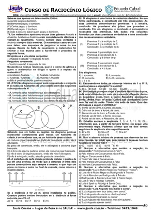 CURSO DE RACIOCÍNIO LÓGICO
MSN: ehcco@hotmail.com | SITE: http://profeduardocabral.blogspot.com | email: ehcco@yahoo.com.br | @Profeducabral

Sabe-se que apenas um deles mentiu. Então:
(A) André pegou o bombom.
(B) Bernardo pegou o bombom.
(C) Carlos pegou o bombom.
(D) Daniel pegou o bombom.
(E) não é possível saber quem pegou o bombom.
79. Um matemático apaixonou-se por duas gêmeas Anabela e
Analinda. Anabela e Analinda eram completamente idênticas e
vestiam-se igualmente. Anabela sempre dizia verdades e
Analinda sempre dizia mentiras. O matemático casou-se com
uma delas, mas esqueceu de perguntar o nome da sua
esposa. Depois da festa de casamento, o matemático foi
chamar a sua esposa para a lua-de-mel e procedeu da
seguinte forma;
Dirigindo-se a uma delas perguntou:
– Anabela é casada? A resposta foi sim.
Perguntou novamente:
– Você é casada? A resposta foi não.
Baseando-se nessas respostas, qual é o nome da gêmea a
quem o matemático se dirigiu e quem é a esposa do
matemático?
a) Anabela / Anabela
b) Anabela / Analinda
c) Analinda / Analinda
d) Analinda / Anabela
e) Não é possível decidir quem é a esposa
80. (FCC) No diagrama a seguir está representado o conjunto
H de todos os habitantes de uma cidade, além dos seguintes
subconjuntos de H:
− A, formado pelos habitantes que são advogados.
− B, formado pelos habitantes que costumam jogar basquete.
− C, formado pelos habitantes que gostam de carambola.
− D, formado pelos habitantes que são donos de alguma padaria.

Sabendo que em todas as regiões do diagrama pode-se
representar corretamente pelo menos um habitante da
cidade, é certo afirmar que, se um habitante dessa cidade
A) costuma jogar basquete ou gosta de carambola, então, ele é
advogado.
B) gosta de carambola, então, ele é advogado e costuma jogar
basquete.
C) é dono de alguma padaria, então, ele costuma jogar basquete.
D) não é dono de alguma padaria, então ele não é advogado.
E) não é advogado, então, ele não gosta de carambola.
81. A prefeitura de certa cidade pretende instalar n postes de
luz em uma avenida, de modo que a distância d entre dois
postes consecutivos seja sempre a mesma, e que haja um
poste no início e outro no final da avenida, como mostra o
modelo abaixo.

Se a distância d for 25 m, serão instalados 13 postes.
Quantos postes seriam instalados se a distância d fosse
reduzida para 20 m?
A) 19 B) 18 C) 17 D) 16 E) 15

82. O silogismo é uma forma de raciocínio dedutivo. Na sua
forma padronizada, é constituído por três proposições: As
duas primeiras denominam-se premissas e a terceira,
conclusão. As premissas são juízos que precedem a
conclusão. Em um silogismo, a conclusão é conseqüência
necessária das premissas. São dados três conjuntos
formados por duas premissas verdadeiras e uma conclusão
não necessariamente verdadeira.
(I)

Premissa 1: x é múltiplo de 2.
Premissa 2: y é múltiplo de 3.
Conclusão: x.y é múltiplo de 6.

(II)

Premissa 1: p é múltiplo de 4.
Premissa 2: q é divisor de 6.
Conclusão: q é divisor de p.

(III)

Premissa 1: a é número ímpar.
Premissa 2: b é divisor de 9.
Conclusão: a + b é par.

São silogismos:
A) I, somente.
B) II, somente.
C) III, somente.
D) I e III, somente.
E) I, II e III.
83. Escrevendo-se todos os números inteiros de 1 a 1111,
quantas vezes o algarismo 1 é escrito?
A) 481 B) 448 C) 420 D) 300
E) 289
84. Seis amigos planejam viajar e decidem fazê-lo em duplas,
cada uma utilizando um meio de transporte diferente, dentre
os seguintes: avião, trem e carro. Alexandre acompanha
Bento. André viaja de avião. Carlos não acompanha Dário
nem faz uso do avião. Tomás não anda de trem. Qual das
afirmações a seguir é CORRETA?
A) Bento vai de carro, e Carlos, de avião.
B) Dário vai de trem, e André, de carro.
C) Alexandre vai de trem, e Tomás, de carro.
D) Tomás vai de trem, e Bento, de avião.
E) André vai de trem, e Alexandre, de carro.
85. Edvaldo escreve a seqüência 1, 3, 4, 7, 11, 18, 29,...
informando que, a partir do terceiro termo, ela segue uma
determinada regra. Podemos afirmar que os dois termos
seguintes da seqüência são respectivamente
A) 47 e 76
B) 36 e 47
C) 38 e 47
D) 46 e 57
E) 45 e 75
86. Qual o número mínimo de pessoas que devemos ter em
uma reunião, de modo que, pelo menos 5 pessoas tenham
nascido no mesmo mês?
a) 60 b) 55 c) 53 d) 49 e) 48
87. Marque a alternativa que contém a negação da
proposição “Todo Caruaruense é Feliz”.
a) Pelo menos um Caruaruense não é Feliz.
b) Algum Caruaruense é Feliz.
c) Todo Feliz não é Caruaruense.
d) Pelo menos um Caruaruense é Feliz.
e) Nenhum Caruaruense é não Feliz.
88. Marque a alternativa que contém a negação da
proposição “Luiz é Rubro Negro ou Rodrigo é Tricolor”.
a) Luiz não é Rubro Negro ou Rodrigo não é Tricolor.
b) Luiz é Alvirrubro ou Rodrigo não é Tricolor.
c) Rodrigo não é Tricolor e Luiz não é Rubro Negro.
d) Luiz é Feliz e Rodrigo Também.
e) Luiz é Sport ou Rodrigo é Santa Cruz.
89. Marque a alternativa que contém a negação da
proposição “Luiz Augusto toca baixo e canta”.
a) “Luiz Augusto nem toca baixo, nem canta”.
b) “Luiz Augusto não canta ou não toca baixo”.
c) “Luiz Augusto toca baixo ou canta”.
d) “Luiz Augusto não toca baixo, mas sim guitarra”.
e) “Luiz Augusto apenas canta”.

Jaula Cursos – Lugar de Fera é no JAULA! - www.jaula.com.br - Telefone: 3423.1949

50

 