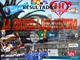 RESULTADOS  Al finalizar el curso taller, los profesores participantes lograron preparar una sesión de aprendizaje que fue trabajado con sus respectivos alumnos en los ambientes de aulas telemáticas NIVEL PRIMARIO Los ecosistemas El Tahuantinsuyo Los invertebrados El suelo Regiones naturales del Perú El universo Las culturas peruanas 