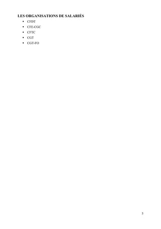 5
LES ORGANISATIONS DE SALARIÉS
 CFDT
 CFE-CGC
 CFTC
 CGT
 CGT-FO
 