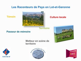 Les Raconteurs de Pays en Lot-et-Garonne


Témoin                               Culture locale



                        Territoire
Passeur de mémoire


              Metteur en scène de
              territoire
 