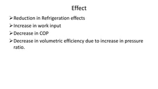 Effect
Reduction in Refrigeration effects
Increase in work input
Decrease in COP
Decrease in volumetric efficiency due to increase in pressure
ratio.
 