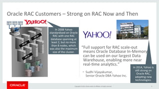 Oracle 
RAC 
Customers 
– 
Strong 
on 
RAC 
Now 
and 
Then 
Copyright 
© 
2014, 
Oracle 
and/or 
its 
affiliates. 
All 
rights 
reserved. 
9 
In 
2008 
Yahoo 
standardized 
on 
Oracle 
RAC 
with 
one 
RAC 
database 
spanning 
at 
least 
2, 
but 
no 
more 
than 
8 
nodes, 
which 
was 
also 
the 
maximum 
size 
of 
the 
cluster. 
“Full 
support 
for 
RAC 
scale-­‐out 
means 
Oracle 
Database 
In-­‐Memory 
can 
be 
used 
on 
our 
largest 
Data 
Warehouse, 
enabling 
more 
near 
real-­‐Eme 
analyEcs.” 
• Sudhi 
Vijayakumar, 
Senior 
Oracle 
DBA 
Yahoo 
Inc. 
In 
2014, 
Yahoo 
is 
sEll 
strong 
on 
Oracle 
RAC, 
adopEng 
new 
technologies. 
 