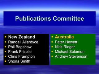 Publications Committee New Zealand Randall Allardyce Phil Bagshaw Frank Frizelle Chris Frampton Shona Smith Australia Peter Hewett Nick Rieger Michael Solomon Andrew Stevenson 