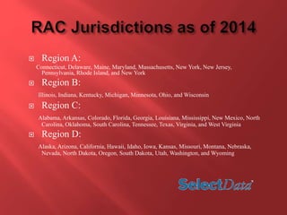  Region A: 
Connecticut, Delaware, Maine, Maryland, Massachusetts, New York, New Jersey, 
Pennsylvania, Rhode Island, and New York 
 Region B: 
Illinois, Indiana, Kentucky, Michigan, Minnesota, Ohio, and Wisconsin 
 Region C: 
Alabama, Arkansas, Colorado, Florida, Georgia, Louisiana, Mississippi, New Mexico, North 
Carolina, Oklahoma, South Carolina, Tennessee, Texas, Virginia, and West Virginia 
 Region D: 
Alaska, Arizona, California, Hawaii, Idaho, Iowa, Kansas, Missouri, Montana, Nebraska, 
Nevada, North Dakota, Oregon, South Dakota, Utah, Washington, and Wyoming 
 