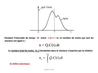 Pendant l’intervalle de temps dt entre t et t + dt, le nombre de moles qui sort du
réacteur est égale à :
n = Q.C(t).dt
Le nombre total de moles (no) introduites dans le réacteur s’exprime par la relation
0
. ( ).
o
n Q C t dt

 
Q: Débit volumique
UMBB-FSI-DGP
 