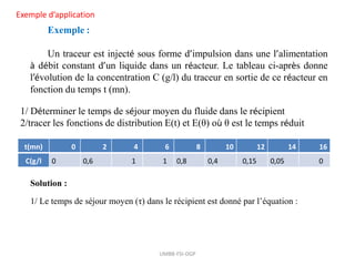 Exemple d’application
Exemple :
Un traceur est injecté sous forme d’impulsion dans une l’alimentation
à débit constant d’un liquide dans un réacteur. Le tableau ci-après donne
l’évolution de la concentration C (g/l) du traceur en sortie de ce réacteur en
fonction du temps t (mn).
t
t
1/ Déterminer le temps de séjour moyen du fluide dans le récipient
2/tracer les fonctions de distribution E(t) et E(θ) où θ est le temps réduit
t(mn) 0 2 4 6 8 10 12 14 16
C(g/l 0 0,6 1 1 0,8 0,4 0,15 0,05 0
UMBB-FSI-DGP
Solution :
1/ Le temps de séjour moyen (τ) dans le récipient est donné par l’équation :
 