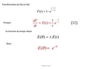 Transformation de F(t) en E(t)
( ) 1
t
F t e 
 

 
 
 
 
) 1
1
( . 2
t
dF
E t e
dt



 
Puisque
( )
E e 
 

En fonction du temps réduit
( ) . ( )
E E t
 

Donc:
UMBB-FSI-DGP
 