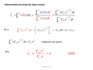 Détermination du temps de séjour moyen
0
( )
0 0
0
0
( )
. . .
( .
( )
)
.
) .
( .
s s
t
O
t
O
t t dt
t
C
t dt
d
dt C e
C e
E t
t t
t
C dt


 





  
 

 
On a:
( )
2
0
. . . .
t
O o
t C e dt C






D’où
2
.
(16)
.
o
s
o
C
t
C



 
UMBB-FSI-DGP
) ( )
0
(
0
. . . (0 1) .
. . O
O O O
t t
C e e C
t C
d C


  



 
 
     
 
 

Intégration par partie
 