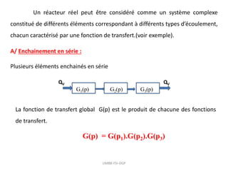 UMBB-FSI-DGP
Un réacteur réel peut être considéré comme un système complexe
constitué de différents éléments correspondant à différents types d’écoulement,
chacun caractérisé par une fonction de transfert.(voir exemple).
A/ Enchainement en série :
Plusieurs éléments enchainés en série
G1(p) G3(p)
G2(p)
QV QV
La fonction de transfert global G(p) est le produit de chacune des fonctions
de transfert.
G(p) = G(p1).G(p2).G(p3)
 