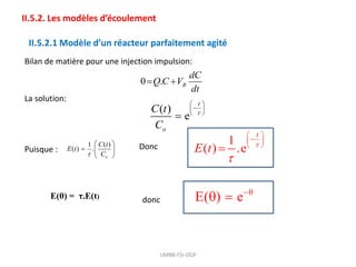 UMBB-FSI-DGP
II.5.2. Les modèles d’écoulement
II.5.2.1 Modèle d’un réacteur parfaitement agité
Bilan de matière pour une injection impulsion:
0 . R
dC
Q C V
dt
 
( )
e
t
o
C t
C

 

 
 

La solution:
1
( ) .e
t
E t 

 

 
 

Puisque :
1 ( )
( ) .
o
C t
E t
C

 
  
 
Donc
E(θ) = τ.E(t) E( ) e
 
donc
 