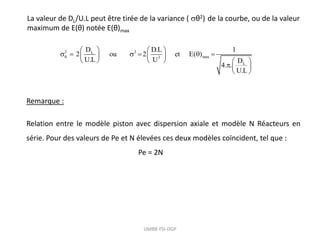 UMBB-FSI-DGP
La valeur de DL/U.L peut être tirée de la variance ( θ2) de la courbe, ou de la valeur
maximum de E(θ) notée E(θ)max
2 2
L
max
3
L
D D.L 1
2 ou 2 et E( )
U.L U D
4. .
U.L

   
     
 
 
 
   
  
 
Remarque :
Relation entre le modèle piston avec dispersion axiale et modèle N Réacteurs en
série. Pour des valeurs de Pe et N élevées ces deux modèles coïncident, tel que :
Pe = 2N
 
