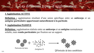 S/A
2. Les différents types d’agglutination:
1 Agglutination ACTIVE
Définition : agglutination résultant d’une union spécifique entre un anticorps et un
antigène particulaire appartenant naturellement à la particule.
2. Agglutination PASSIVE
Définition : agglutination réalisée entre un anticorps et un antigène normalement
soluble, mais rendu particulaire par fixation sur un support.
Particules de latex
Antigènes X
 