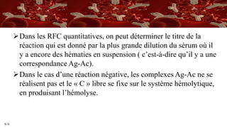 S/A
Dans les RFC quantitatives, on peut déterminer le titre de la
réaction qui est donné par la plus grande dilution du sérum où il
y a encore des hématies en suspension ( c’est-à-dire qu’il y a une
correspondance Ag-Ac).
Dans le cas d’une réaction négative, les complexes Ag-Ac ne se
réalisent pas et le « C » libre se fixe sur le système hémolytique,
en produisant l’hémolyse.
 
