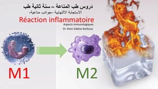 Réaction inflammatoire
Aspects immunologiques
Dr. Kheir Eddine Kerboua
M1 M2
‫المناعة‬ ‫طب‬ ‫دروس‬
–
‫طب‬ ‫ثانية‬ ‫سنة‬
‫االلتهابية‬ ‫االستجابة‬
–
‫مناعية‬ ‫جوانب‬
-
 
