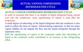 Actual vapour compression
REFRIGERATION cycle
ACTUAL VAPOUR COMPRESSION REFRIGERATION CYCLE
In order to ascertain that there is no droplet of liquid refrigerant being carried
over into the compressor, some superheating of vapour is used after the
evaporator.
A small degree of subcooling of the liquid refrigerant after the condenser is also
used to reduce the mass of vapour formed during expansion, so that too many
vapour bubbles do not impede the flow and the liquid refrigerant through the
expansion valve.
Both the superheating of vapour at the evaporator outlet and subcooling of
liquid at the condenser outlet contributed to an increase in the refrigerating
effect.
 