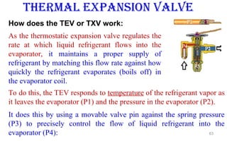 63
THERMAL EXPANSION VALVE
How does the TEV or TXV work:
As the thermostatic expansion valve regulates the
rate at which liquid refrigerant flows into the
evaporator, it maintains a proper supply of
refrigerant by matching this flow rate against how
quickly the refrigerant evaporates (boils off) in
the evaporator coil.
To do this, the TEV responds to temperature of the refrigerant vapor as
it leaves the evaporator (P1) and the pressure in the evaporator (P2).
It does this by using a movable valve pin against the spring pressure
(P3) to precisely control the flow of liquid refrigerant into the
evaporator (P4):
 