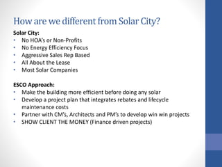 How are wedifferent from Solar City?
Solar City:
• No HOA’s or Non-Profits
• No Energy Efficiency Focus
• Aggressive Sales Rep Based
• All About the Lease
• Most Solar Companies
ESCO Approach:
• Make the building more efficient before doing any solar
• Develop a project plan that integrates rebates and lifecycle
maintenance costs
• Partner with CM’s, Architects and PM’s to develop win win projects
• SHOW CLIENT THE MONEY (Finance driven projects)
 