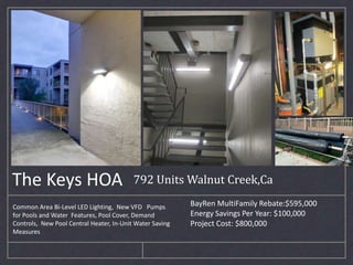 The Keys HOA 792 Units Walnut Creek,Ca
Common Area Bi-Level LED Lighting, New VFD Pumps
for Pools and Water Features, Pool Cover, Demand
Controls, New Pool Central Heater, In-Unit Water Saving
Measures
BayRen MultiFamily Rebate:$595,000
Energy Savings Per Year: $100,000
Project Cost: $800,000
 