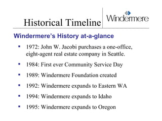 Historical Timeline Windermere’s History at-a-glance 1972: John W. Jacobi purchases a one-office,  eight-agent real estate company in Seattle.  1984: First ever Community Service Day  1989: Windermere Foundation created 1992: Windermere expands to Eastern WA 1994: Windermere expands to Idaho 1995: Windermere expands to Oregon 