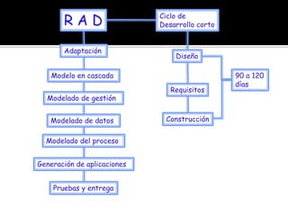 R A DCiclo de Desarrollo cortoAdaptación DiseñoModelo en cascada 90 a 120 díasRequisitosModelado de gestiónConstrucciónModelado de datosModelado del procesoGeneración de aplicacionesPruebas y entrega