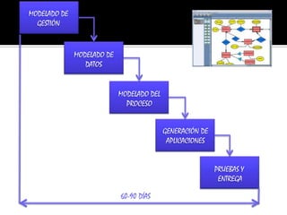 MODELADO DE GESTIÓNMODELADO DE DATOSMODELADO DEL PROCESOGENERACIÓN DE APLICACIONESPRUEBAS Y ENTREGA60-90 DÍAS
