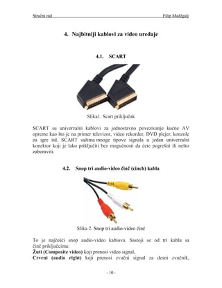 Stručni rad                                                    Filip Madžgalj



               4. Najbitniji kablovi za video uređaje


                              4.1.    SCART




                          Slika1. Scart priključak

SCART su univerzalni kablovi za jednostavno povezivanje kućne AV
opreme kao što je na primer televizor, video rekorder, DVD plejer, konzole
za igre itd. SCART sažima mnoge tipove signala u jedan univerzalni
konektor koji je lako priključiti bez mogućnosti da ćete pogrešiti ili nešto
zaboraviti.


              4.2.   Snop tri audio-video činč (cinch) kabla




                     Slika 2. Snop tri audio-video činč

To je najčešći snop audio-video kablova. Sastoji se od tri kabla sa
činč priključcima:
Žuti (Composite video) koji prenosi video signal,
Crveni (audio right) koji prenosi zvučni signal za desni zvučnik,

                                     - 10 -
 