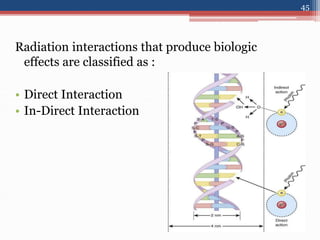 Radiation interactions that produce biologic
effects are classified as :
• Direct Interaction
• In-Direct Interaction
45
 